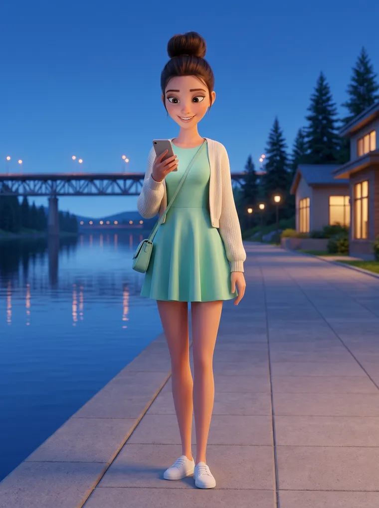 Woman on a riverside walkway at dusk, a steel bridge behind