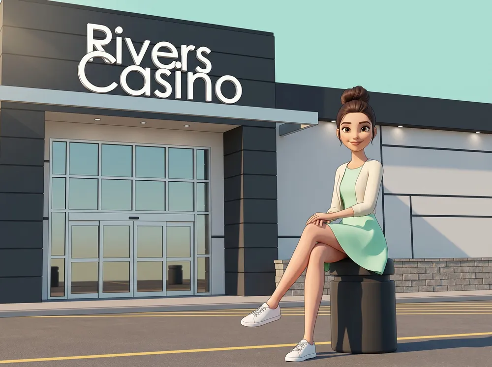 Woman sitting outside the Rivers Casino entrance