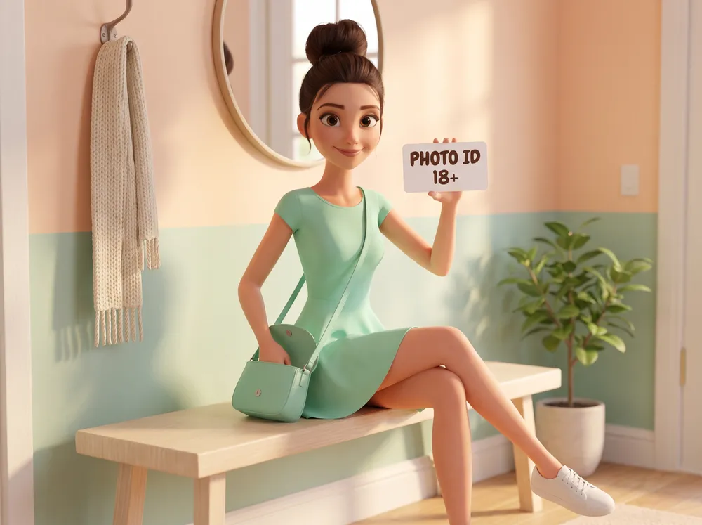Woman on a bench holding a card that reads Photo ID 18+