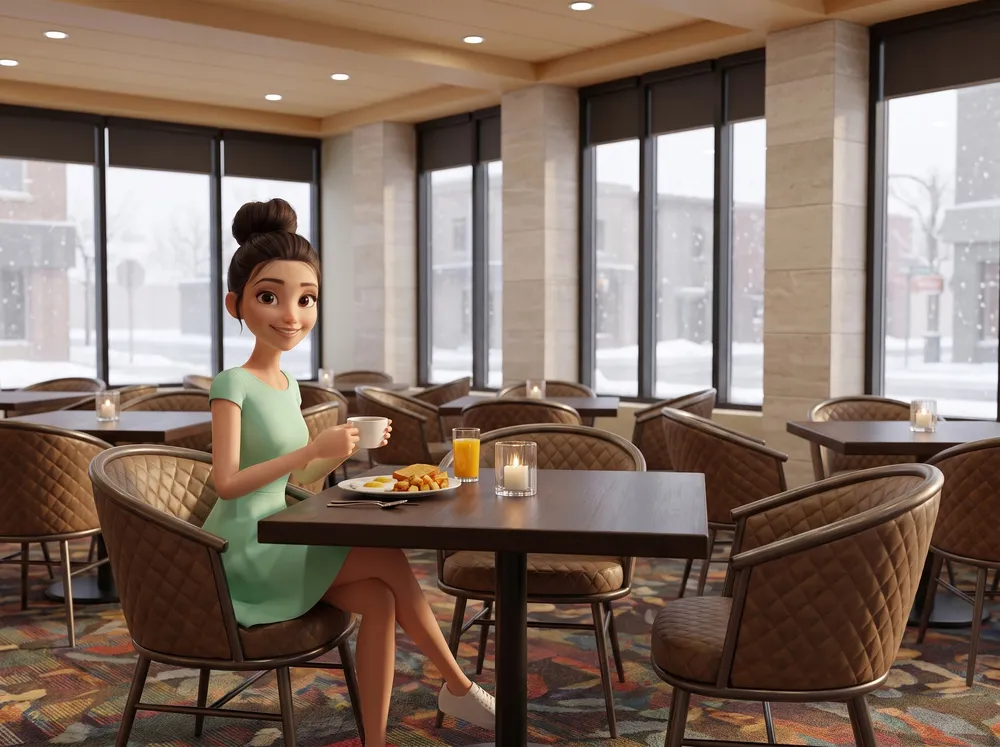 Woman at breakfast in the Rapids lounge